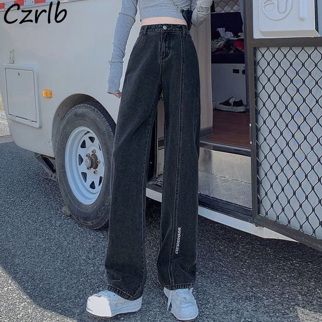 Luźne dżinsy damskie z wysokim stanem, pełna długość i szerokie nogawki w minimalistycznym stylu koreańskim Harajuku - tanie ubrania i akcesoria