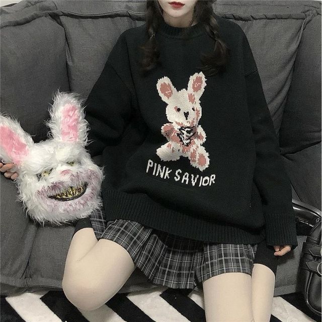 Sweter damski jesień/zima Y2K z królikiem - modny pulower inspirowany stylem Harajuku w koreańskim stylu, luźny i gotycki - tanie ubrania i akcesoria