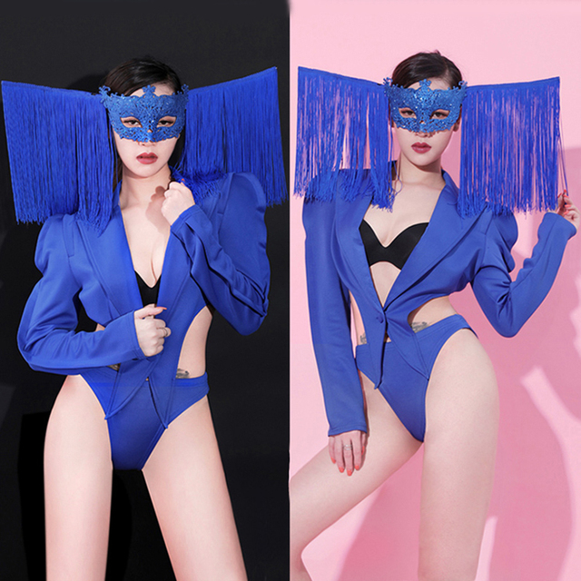 Kostium taneczny Fringe niebieski dla kobiet - klub nocny, DJ kostium, strój piosenkarki BL2786 - tanie ubrania i akcesoria
