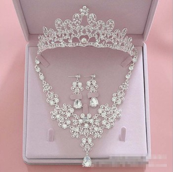 Akcesoria ślubne - Trzyczęściowy zestaw biżuterii: korona, naszyjnik, kolczyki Bling Bling dla nowożeńców