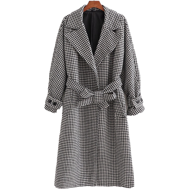 Kobiecy płaszcz wełniany oversize w szarym Houndstooth 2020, modna jesień dla kobiet z paskiem - tanie ubrania i akcesoria