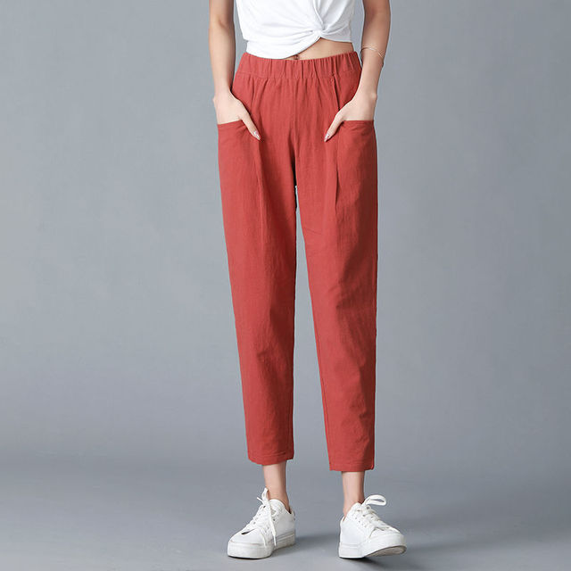 Spodnie Capri damske 100% bawełniane luźne jednokolorowe letnie F144 Plus rozmiar haremowe - tanie ubrania i akcesoria
