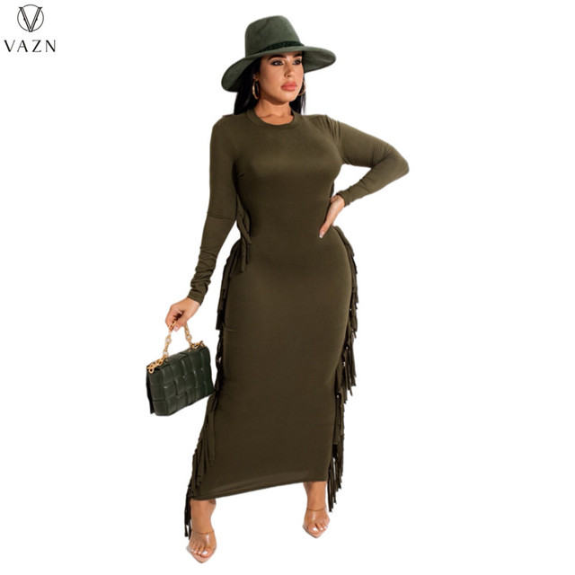 Nowa sukienka VAZN 2021 - luksusowy projektant, długie festony, wysoka jakość, solidna, młoda, pełne rękawy, wysoki pas, rozmiar Skinny - tanie ubrania i akcesoria