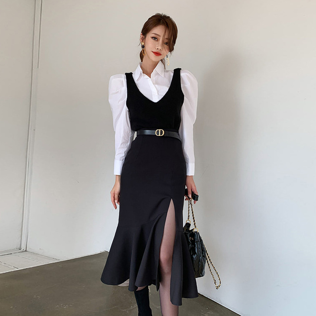Garnitur koreański dla kobiet - biały, długi rękaw, maxi sukienka bez rękawów - 2 sztuki - tanie ubrania i akcesoria