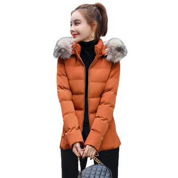 Zimowy płaszcz karmelowy dla kobiet z odpinanym futrem i kapturem - rozmiar M-4XL, koreańska krótka czerwona parka z puchową bawełnianą wkładką (model LD1362)