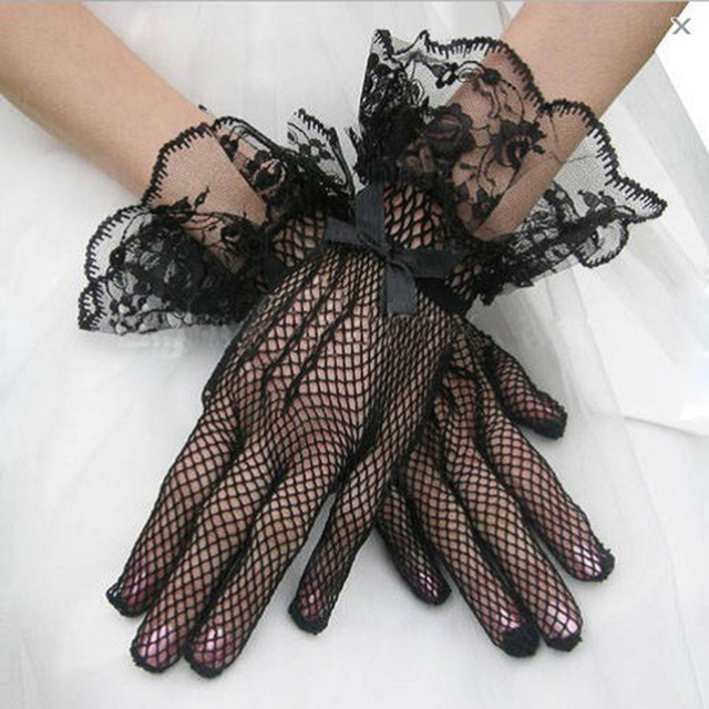 Damskie koronkowe rękawiczki w stylu siatki z kokardkami - czarne i białe - tanie ubrania i akcesoria