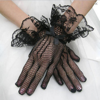 Damskie koronkowe rękawiczki w stylu siatki z kokardkami - czarne i białe