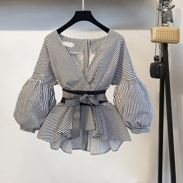 Bluzka damska z rękawami kloszowymi i kokardką – modna koreańska wiosna 2021 - tanie ubrania i akcesoria