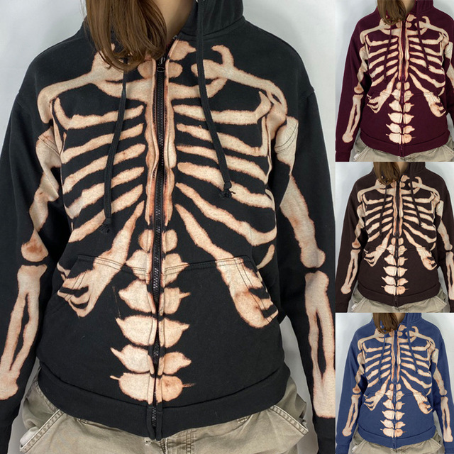 Gotycka bluza z kapturem Y2K jesienno-zimowa kurtka z czaszką i długim rękawem - tanie ubrania i akcesoria