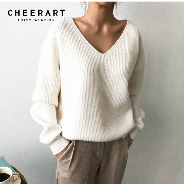 Sweter damski V Neck - luźny, koreański styl, jesienne swetry 2019  - tanie ubrania i akcesoria