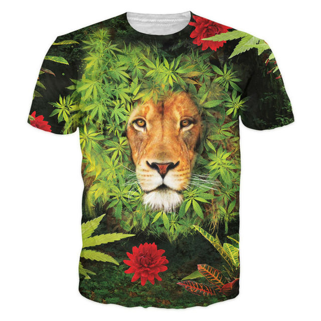 Nowa hipsterska koszulka męska z nadrukiem chwastów i kwiatów w 3D - lew - śmieszny wzór zwierząt, moda, lato - tanie ubrania i akcesoria