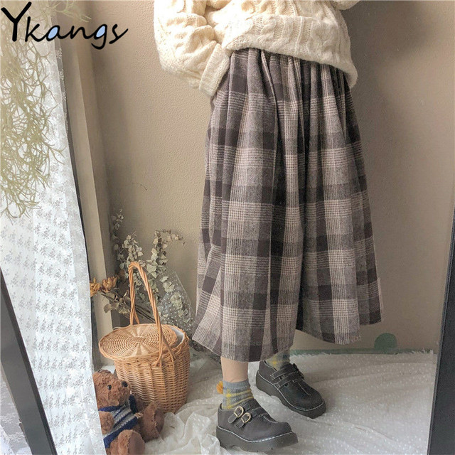 Plisowana spódnica z wełny w stylu koreańskim, vintage, trzy czwarte, jesienno-zimowa, elastyczna, o wysokim stanie, w kawaii szkolnym stylu - tanie ubrania i akcesoria