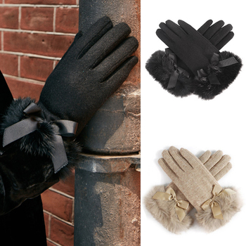 Damskie rękawiczki zimowe wełniane oraz aksamitne z futra królika - rękawiczki rowerowe z ekranem dotykowym