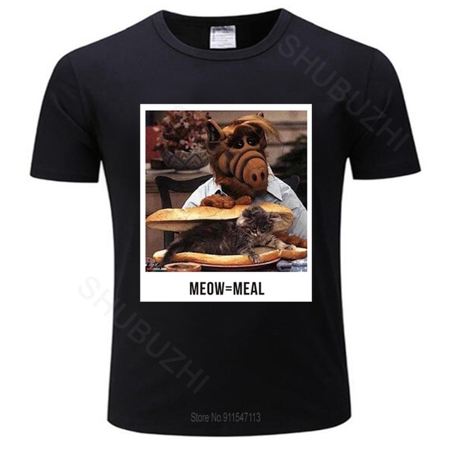 Męska koszulka Alf T Shirt Alf Meow - czarny podkoszulek mężczyzna plaża bawełniana koszulka na co dzień lato, rozmiar Euro - tanie ubrania i akcesoria