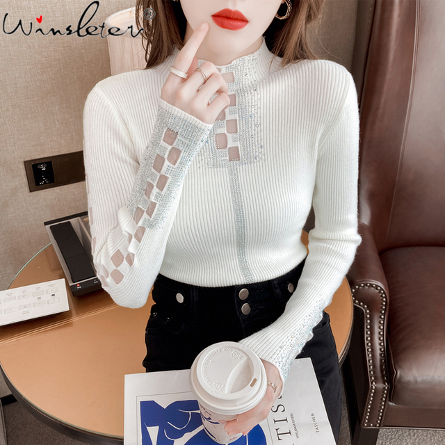 Jesienny pulower damski z wysokim kołnierzem, patchworkiem i błyszczącymi diamentami - koreańska moda 2021 (T19638A) - tanie ubrania i akcesoria