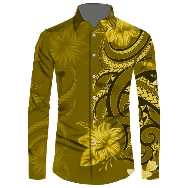 Elegancka koszula męska z długim rękawem w stylu vintage - Top GoldMen Samoan, nadruk w kolorze złota, rozmiar fabryczny 6XL - tanie ubrania i akcesoria