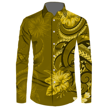 Elegancka koszula męska z długim rękawem w stylu vintage - Top GoldMen Samoan, nadruk w kolorze złota, rozmiar fabryczny 6XL