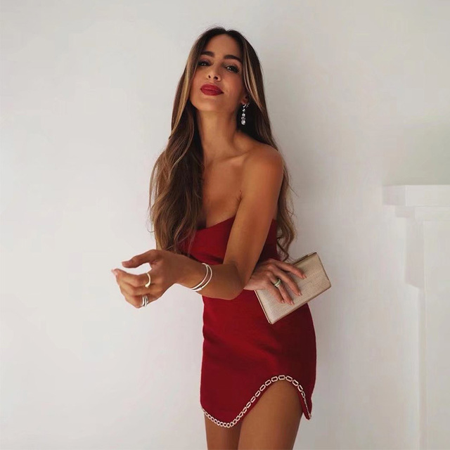 Sukienka mini z czerwonym tweedem, dekolt bez rękawów, asymetryczna, idealna na imprezę - Ardm 2021 - tanie ubrania i akcesoria
