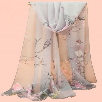 Szyfonowy jedwabny szalik z nadrukiem wiosenno-jesiennym kwiatowym motywem i ptakiem - elegancki dodatek dla kobiet