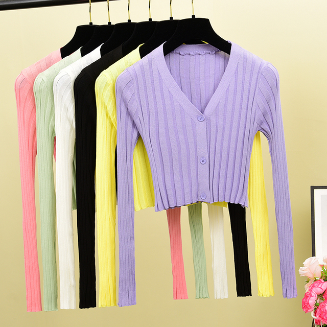 Dzianinowa krótka bluzka damsko-dekoltowa letniego typu, rozpinana, cienka, dla kobiet - tanie ubrania i akcesoria