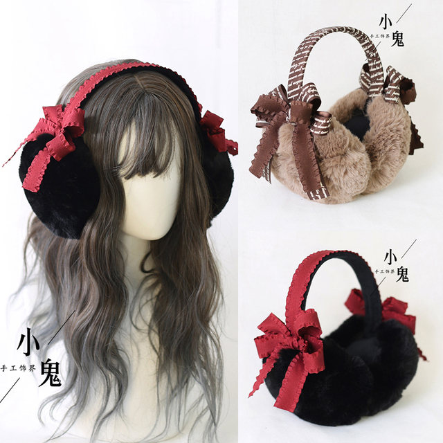 Nauszniki Japoński Lolita w stylu koreańskim, z ładnym łukiem i grubymi uszami dla kobiet w zimie - tanie ubrania i akcesoria