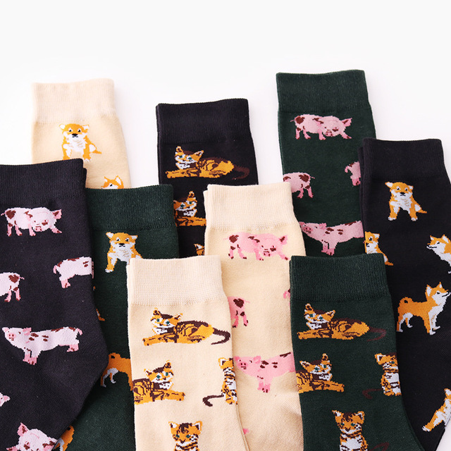 Śliczne skarpetki PEONFLY z motywem zwierząt - świnka/kot/mops, styl Harajuku Kawaii, idealne dla kobiet - tanie ubrania i akcesoria