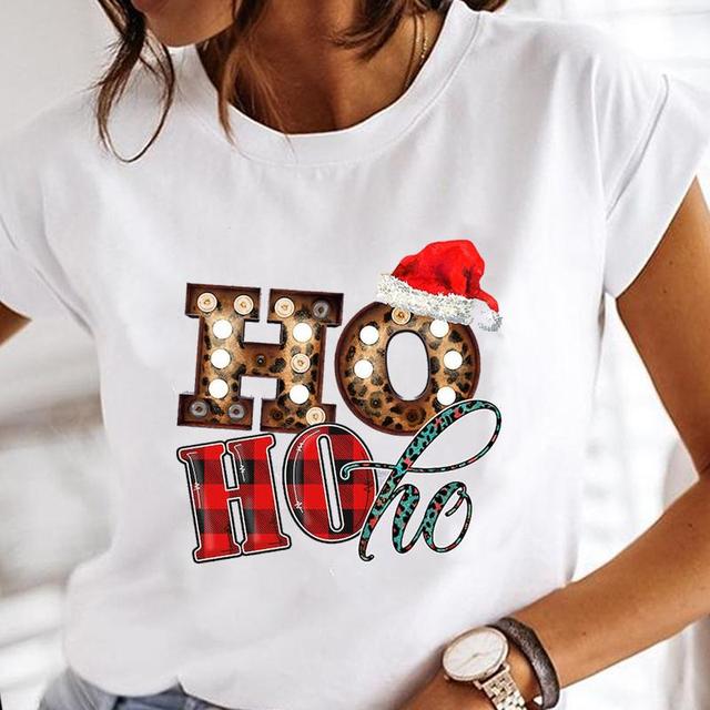 Piękna koszulka damska w kratkę na Święta Bożego Narodzenia z modnym nadrukiem kreskówkowym - tanie ubrania i akcesoria