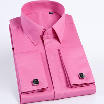 Męska koszula elegancka z długim rękawem, różowa, slim fit, z francuskimi mankietami