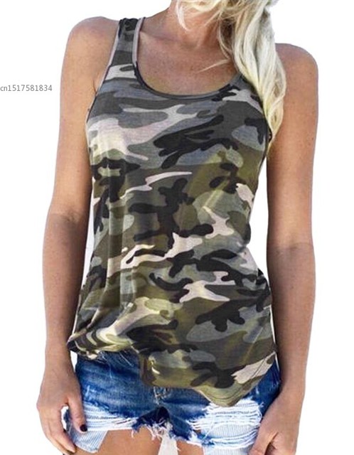 Koszulka bez rękawów damskie armia w kamuflażu wąska, Casual letnia kamizelka z nadrukiem kolory w stylu casual - rozmiary S-XL - tanie ubrania i akcesoria