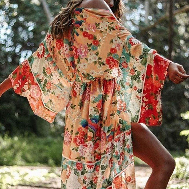 Artystyczna sukienka plażowa damskie Kimono w stylu chińskim z letnim nadrukiem Pareo N751 - tanie ubrania i akcesoria
