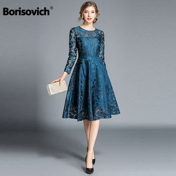 Elegancka sukienka Borisovich 2018 - moda jesienno-linowa z dużą huśtawką, koronkowe wykończenie, kobiety, swobodny fason M841