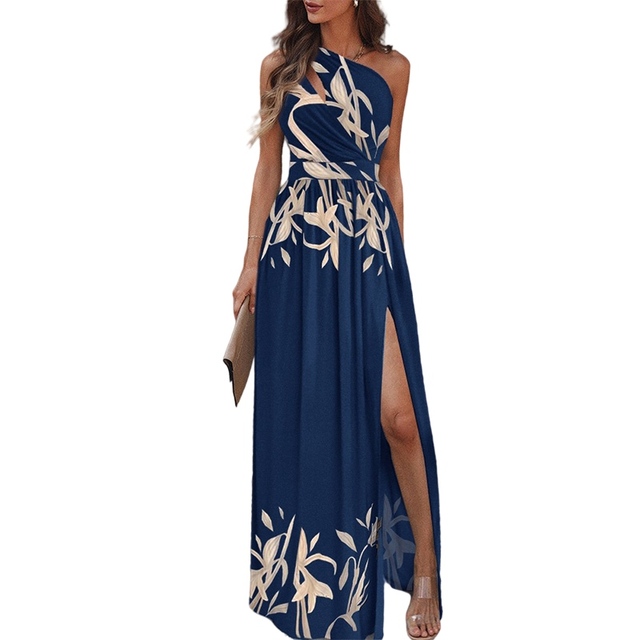 Nowość! Elegancka sukienka Vintage z nadrukiem, jedno ramię, wysokie rozcięcie, długa, casual, slim - kobiety party dress Vestido 2021 - tanie ubrania i akcesoria