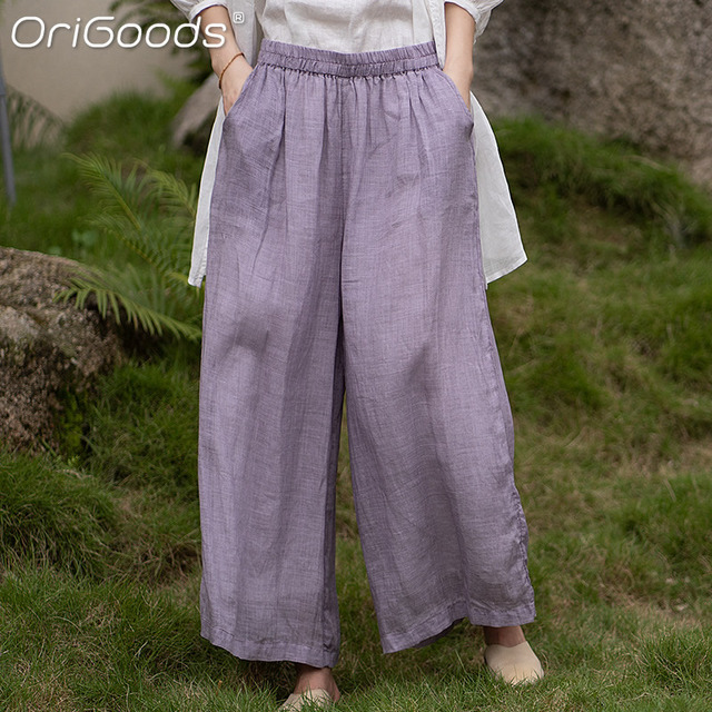 Spodnie capri OriGoods E059 - szerokie nogawki, plus size, Ramie, lato 2021 - tanie ubrania i akcesoria