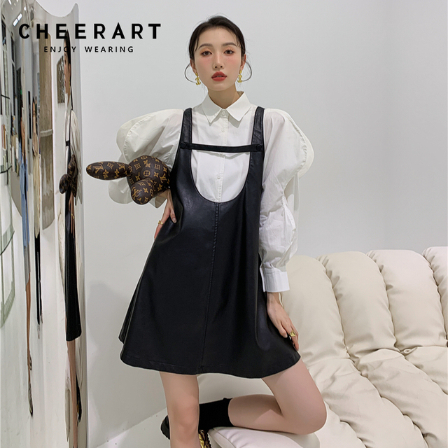 Sukienka bez rękawów z imitacji skóry PU CHEERART - koreański styl, modny, czarny, mini babydoll - tanie ubrania i akcesoria