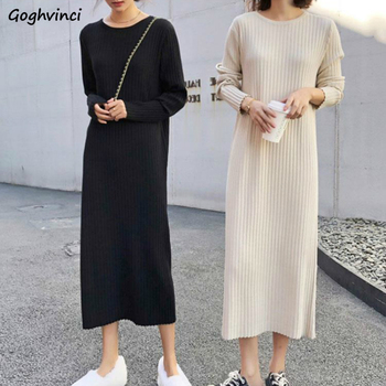 Elegancka damska sukienka Midi z długim rękawem w modnym koreańskim stylu, prosty i prążkowany design z wysoką elastycznością