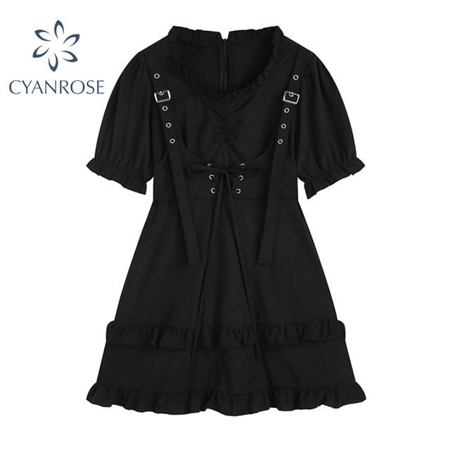 Sukienka gotycka w stylu vintage z 2021 roku - Bufiaste rękawy, czarny kolor - tanie ubrania i akcesoria