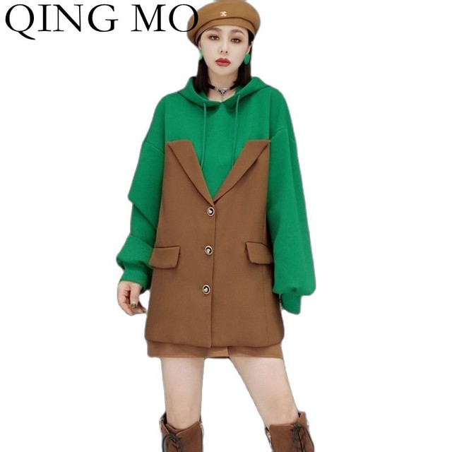 QING MO 2021 Jesienna Dwuczęściowa Bluza z Zielonym Kapturem Luźny Pulower dla Kobiet - tanie ubrania i akcesoria