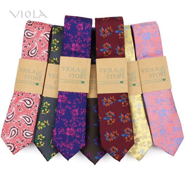 Wąski krawat męski z tureckiej tkaniny żakardowej w kwiaty - 6cm - różowy, czerwony, niebieski, żółty, zielony - tanie ubrania i akcesoria