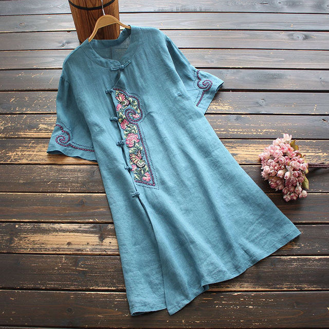 Tradycyjna chińska koszulka Top Cheongsam Hanfu z krótkim rękawem - letnia odzież dla kobiet z haftowanymi kwiatowymi wzorami - tanie ubrania i akcesoria