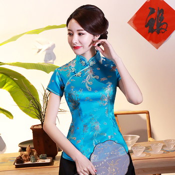 Bluzka damskie Dragon Phoenix w stylu Casual 2019 - letni top z krótkim rękawkiem, tradycyjna odzież z guzikami mandarynki