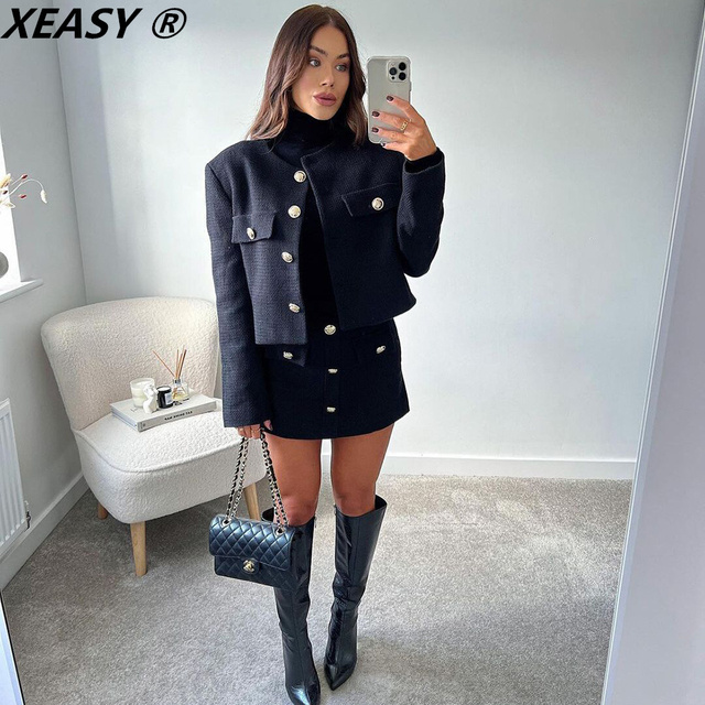 Garsonka damska XEASY - tweedowa jednorzędowa kurtka z wysokim stanem i spódnica w zestawie - kolor czarny - jesień 2021 - tanie ubrania i akcesoria