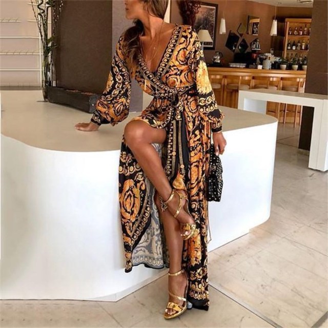 Afrykańska sukienka w stylu vintage z długim rękawem i dekoltem typu V-neck oraz rozcięciem - tanie ubrania i akcesoria
