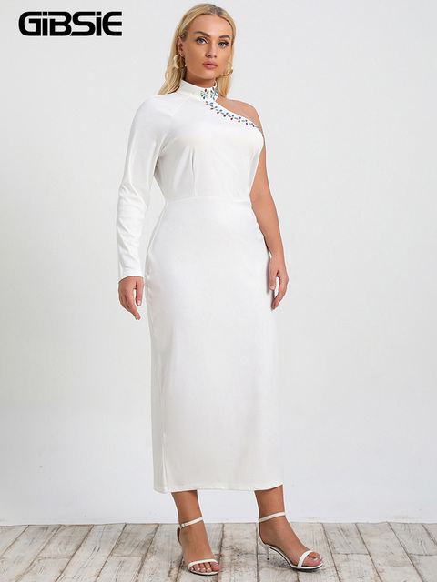 Elegancka sukienka GIBSIE Plus-size z rhinestonami oraz wysoką talią i asymetrycznym brzegiem - tanie ubrania i akcesoria