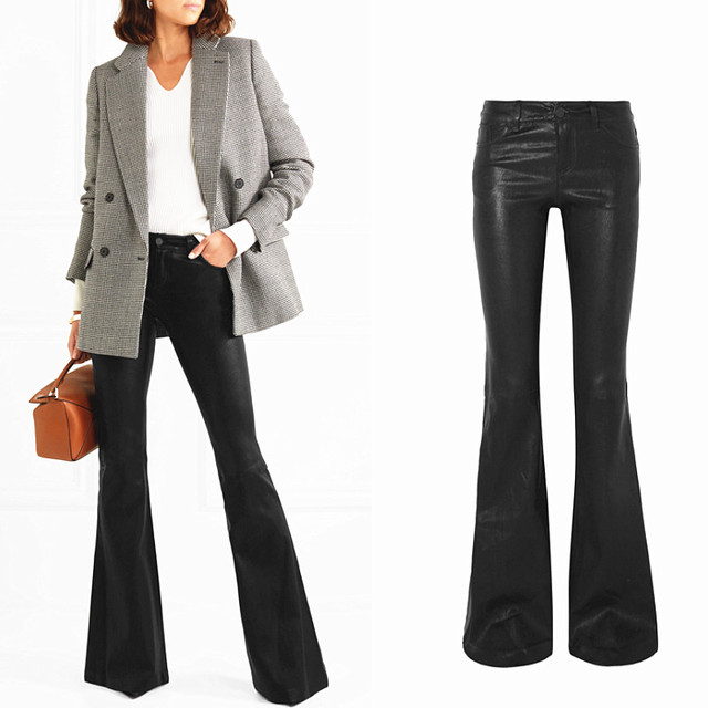 Spodnie capri z PU skóry w modnym stylu flare, dopasowane do bioder i z wydłużonymi nogawkami - tanie ubrania i akcesoria
