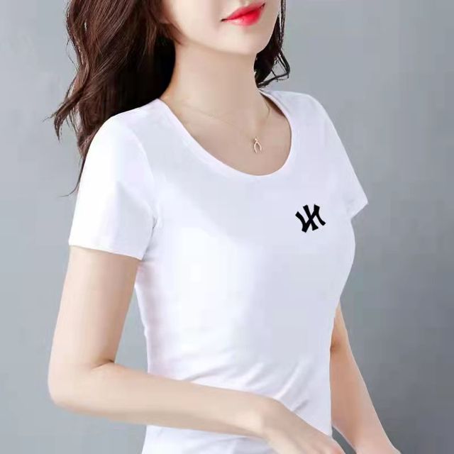 Nowa wiosenna bawełniana koszulka damska S96 z krótkim rękawem - długa, slim-fit z dekoltem w serek - tanie ubrania i akcesoria