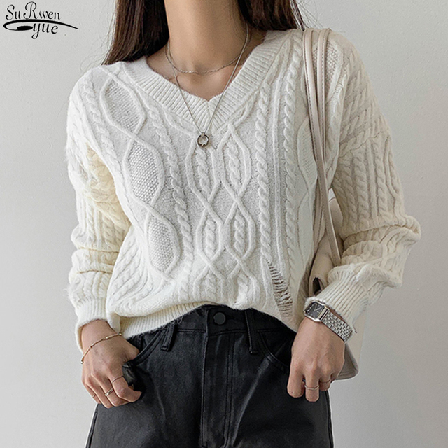 Koreański sweter V-neck z dzianiny - modny i wygodny pulower damski na jesień/zimę - tanie ubrania i akcesoria