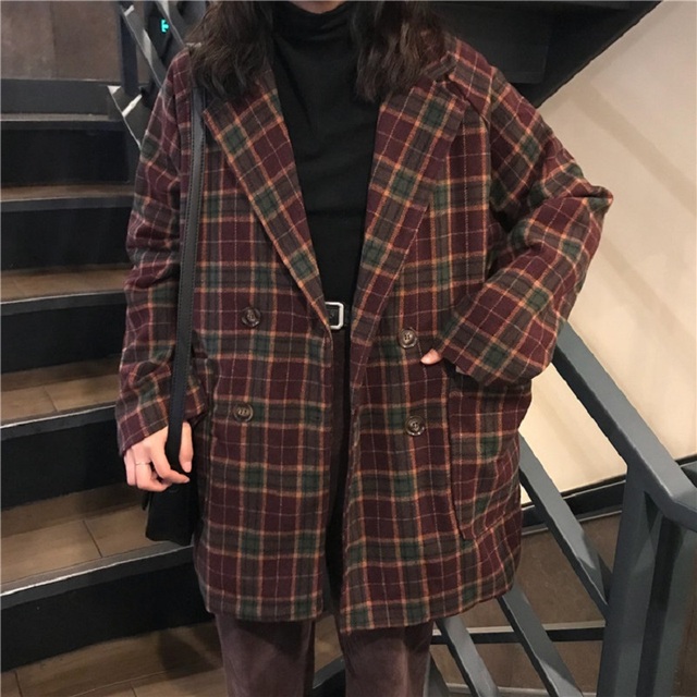 Luźna kurtka damska w kratę, wzorzysta z długimi rękawami w stylu jesieni Harajuku z elementami retro - moda z Korei - tanie ubrania i akcesoria