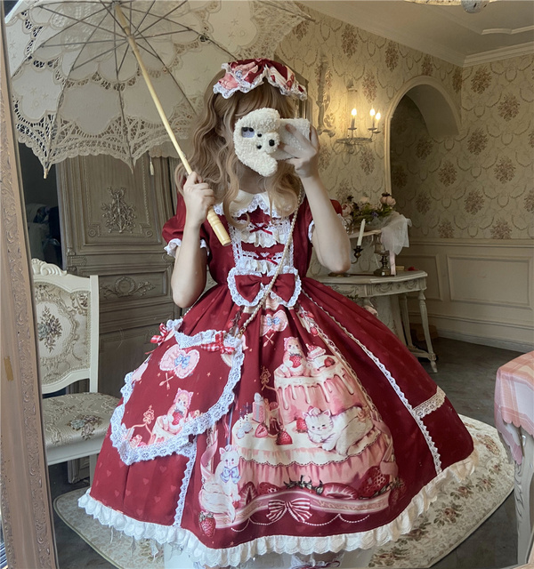 Sukienka Lolita Truskawkowa Lalka Retro w Stylu Wiktoriańskim z Długimi Rękawami i Wysoką Talią - tanie ubrania i akcesoria