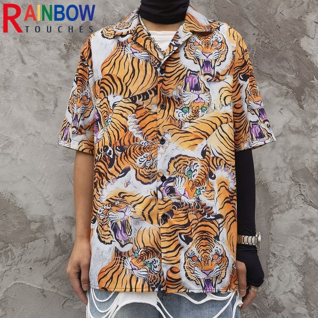 Półrękawowy letni sweter męski z nadrukiem tygrysa w stylu Rainbowtches - casual - tanie ubrania i akcesoria