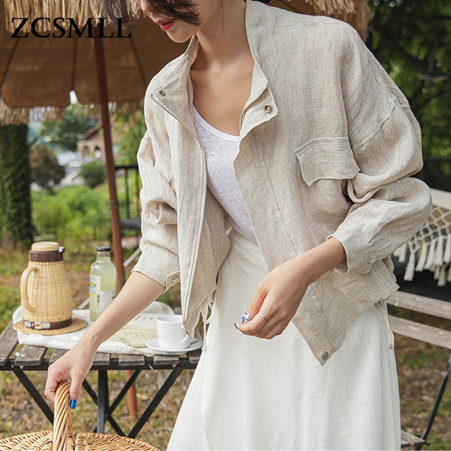 Elegancka koreańska lniana bluzka płaszcz damska z bawełny lnianej w stylu Vintage - letnie kurtki wiosenne 2021 - tanie ubrania i akcesoria